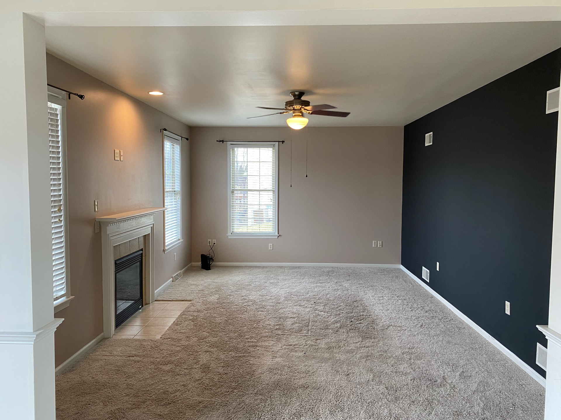 Living room with dark navy accent wall and warm beige walls