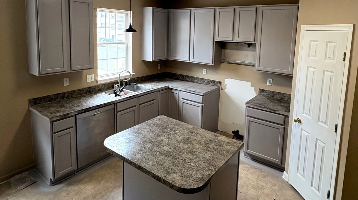 Kitchen cabinets refinished in Proper Gray
