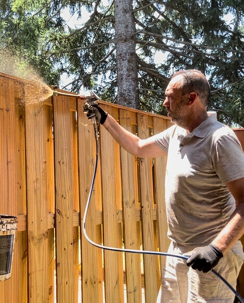 Painter spraying stain on a wooden fence