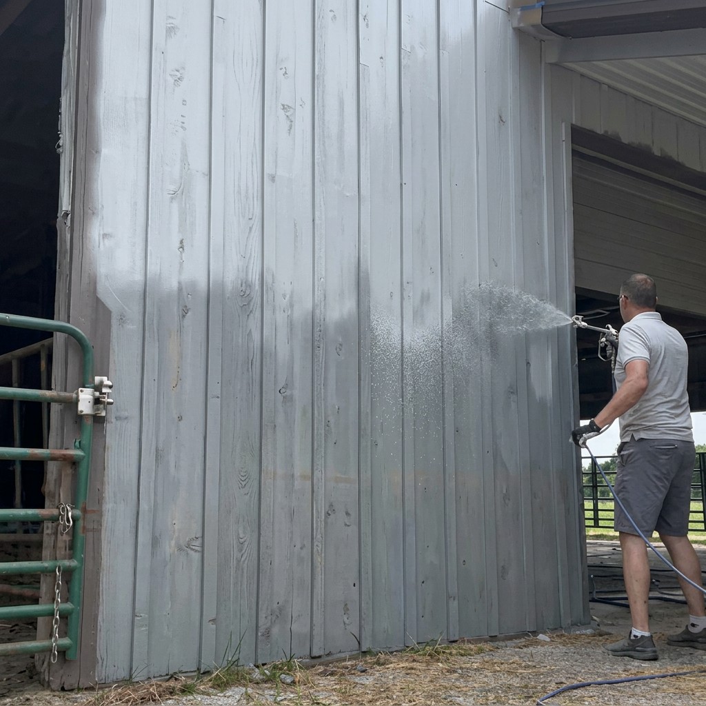 Painter spraying exterior siding on a pole barn